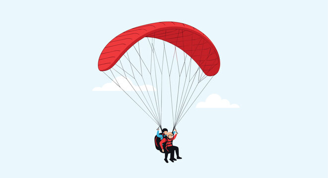 Two adventurous people enjoying a paragliding flight with a large red parachute over a clear blue sky with white clouds.
