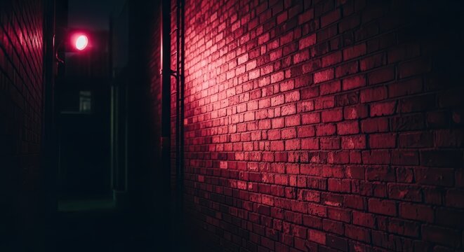 A dimly lit narrow alleyway at night with a glowing red light