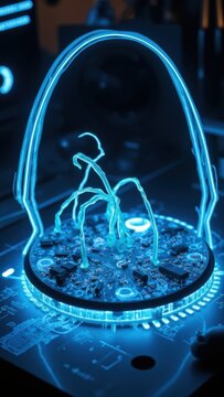 A creative decoration made of a circuit board with LED lights inside, designed to look like an egg and featuring a unique alien-like figure on top.