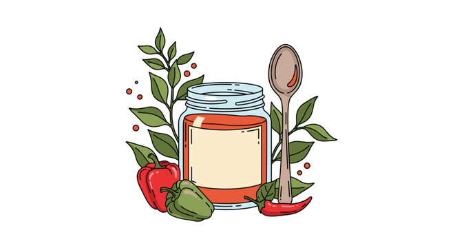 Decorative jar of spicy red sauce surrounded by fresh bell peppers and green leaves on a clean white background illustration.