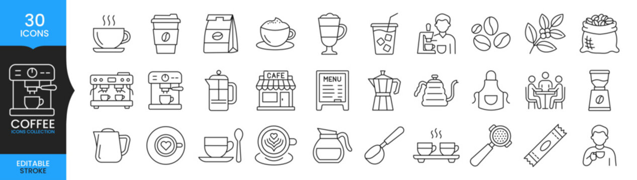 Coffee Icons Set, Cafe Line Icon Collection, Coffee Shop Vector, Hot Drink Symbols, Barista Equipment Icons, Minimal Editable Stroke Coffee Illustration