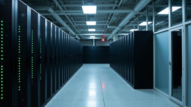 Data center with multiple server cabinets, all powered off. Rows of computer hardware awaiting operation.