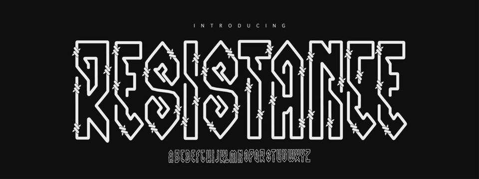 Resistance: A sharp barbed wire display. Industrial hardcore typeface for prison themes, crime logos, and metal posters.