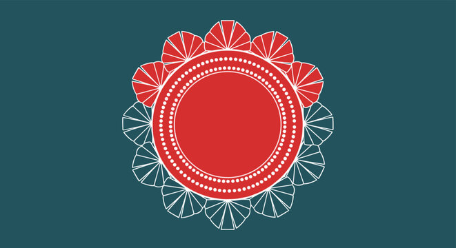 Ornate circular mandala design with red and white geometric patterns centered on a dark teal background for decoration.