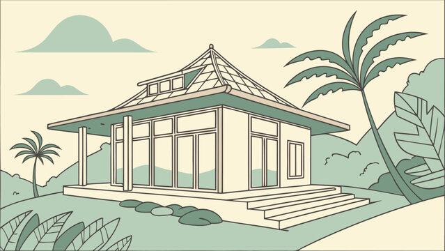 Futuristic Joglo House Exterior Flat Vector Illustration