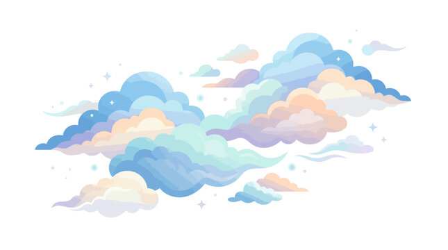 A whimsical illustration of fluffy, pastel-colored clouds in various shapes and sizes, including a cute, smiling cloud, against a clean white background with a dreamy and playful mood.