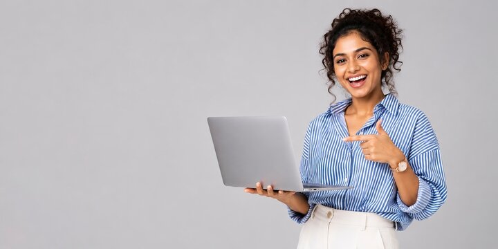 Woman holding laptop and giving thumbs up in bright studio setting