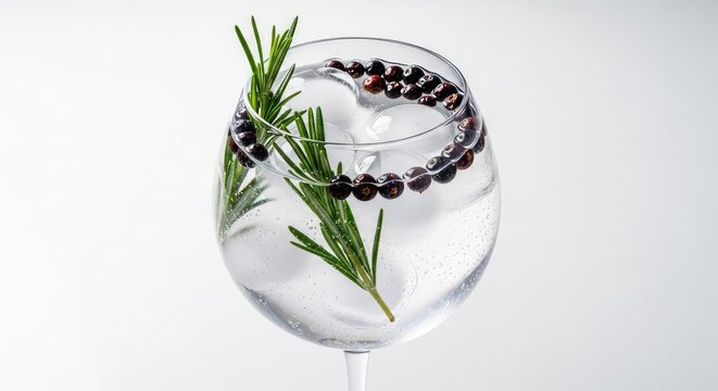 A premium gin and tonic served in a large balloon glass with clear ice cubes, fresh rosemary sprigs, and dried juniper berries on top, detail, rosemary, luxury