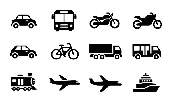 12 Transportation icons car bus motorcycle bicycle truck train airplane ship, outline solid styles, UI and web interface design