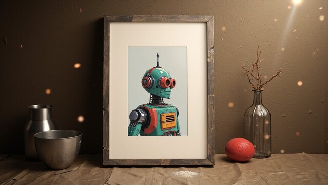 A stylized depiction of a robot, with a space theme and futuristic design, perfect for home decor or collectors.