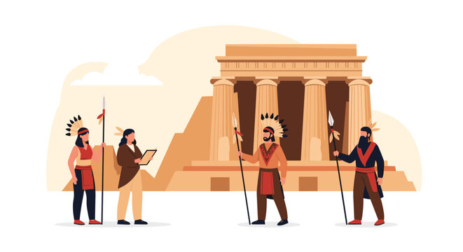 Indigenous warriors holding spears are standing in front of an ancient temple while talking to a person holding a clipboard in a landscape.