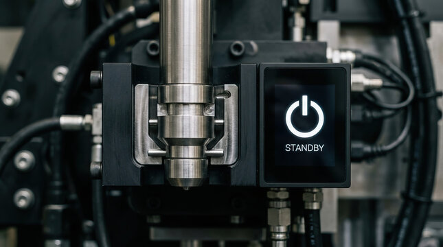 Industrial machine nozzle close up with standby power button on digital display, showing modern technology and control in manufacturing environment