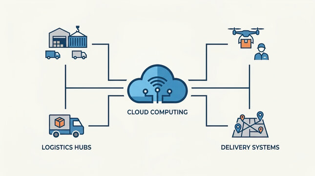 Cloud computing connects logistics hubs and delivery systems, enabling efficient transport and tracking with drones, trucks, and digital mapping for smooth operations