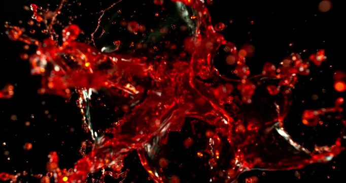 Ultra slow motion blood splash isolated on black background. Realistic liquid droplets ideal for VFX compositing, overlays, horror effects and cinematic action scenes.