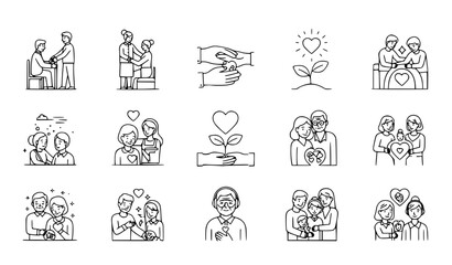 Fototapeta premium Minimal kindness and caregiving line art vector set with support love and nurturing illustrations isolated on white background