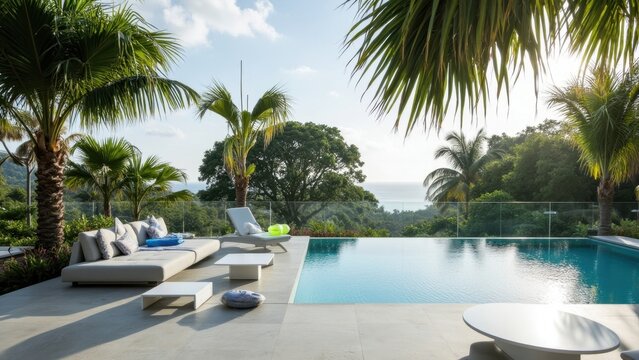 Exclusive tropical resort with large pool, sun loungers, palapa roof, and ocean view.
