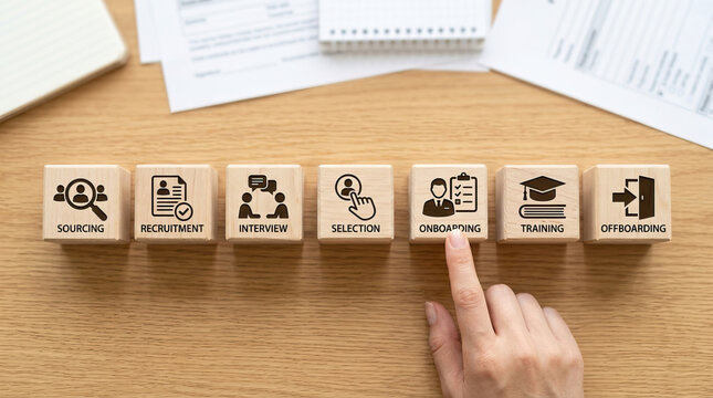 Wooden blocks with human resource process icons including sourcing recruitment interview selection onboarding training and offboarding wooden desk with hand pointing onboarding symbolizing