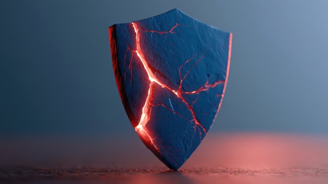 Dramatic fractured blue shield with fiery red energy radiating from cracks, representing crisis and risk.