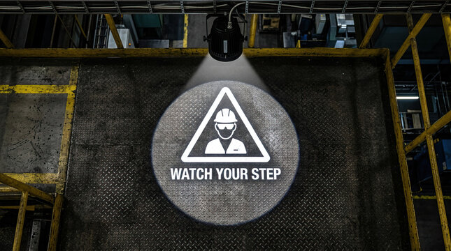 Watch your step safety warning icon projected on industrial metal floor with yellow safety railing and dark environment creating serious and cautious atmosphere