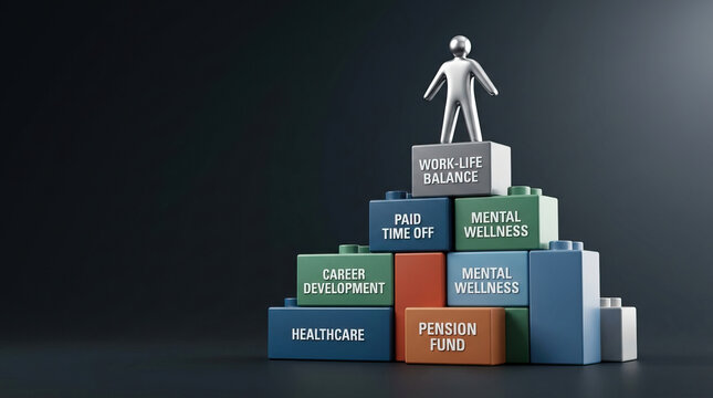Work life balance concept with toy blocks labeled with career development, healthcare, pension fund, mental wellness, and paid time off, symbolizing employee support and wellbeing