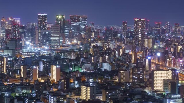 [PanLeft] Osaka City Night View Timelapse, High Angle Overview and Road Traffic, Japan