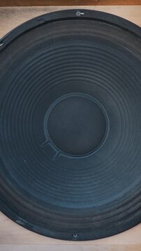 Large black paper subwoofer cone vibrates intensely to reproduce deep bass frequencies. The corrugated membrane pushes powerful sound waves and high acoustic pressure. Vertical view.