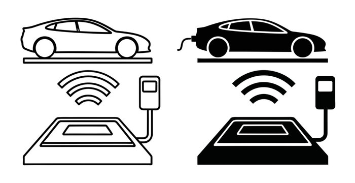 Electric Car Charging Station Icons, Wireless Power Transfer Vehicle Icons, Clean Energy Transport Symbols