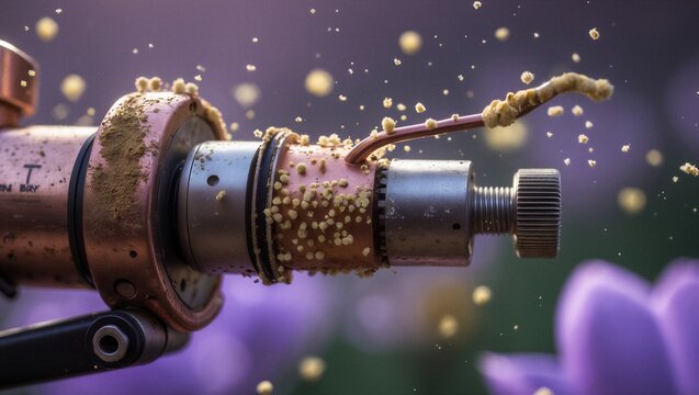 Extreme Close-Up of a Robotic Pollination Arm Covered in Yellow Pollen, Advanced Agri-Tech