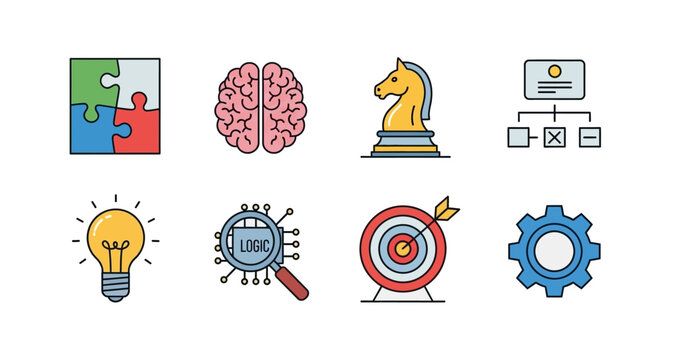 Collection Of Brain Teaser Icons Colorful Line Art Silhouette On Transparent Background