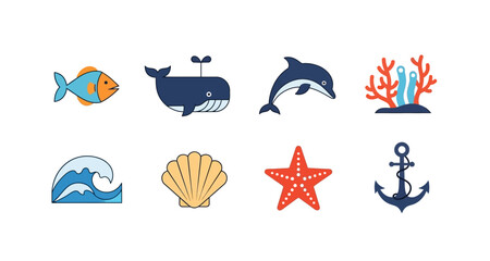 Obraz premium Marine life icons set colorful flat style on transparent background