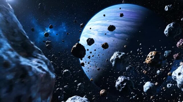 Epic asteroid field in outer space with planet shining in background, cosmic wonder and interstellar exploration concept