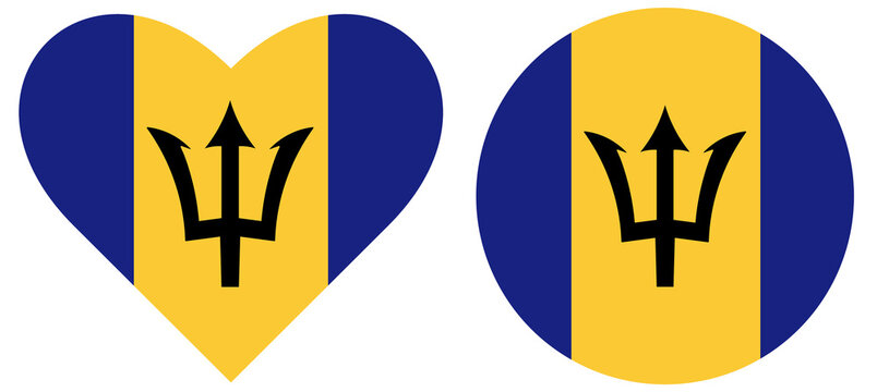 Flag of Barbados in heart shape isolated. Black trident sticker.Barbados national symbol. Round flag of Barbados isolate in circle shape, set, collection.