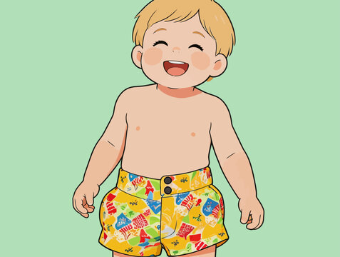 Cheerful Young Blonde Boy Wearing Printed Swim Shorts