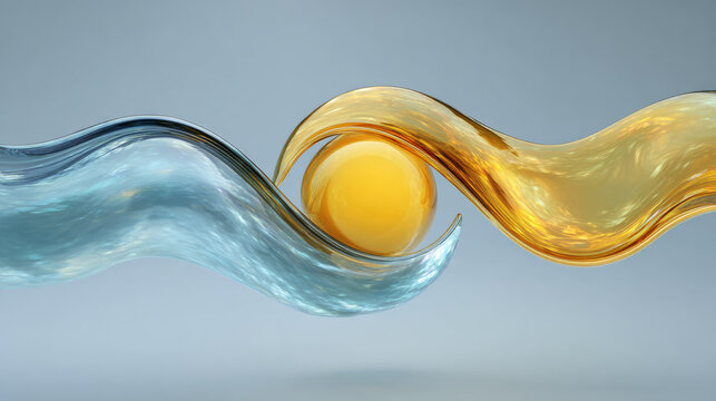 Abstract 3D rendering of fluid blue and gold waves surrounding a central sphere on a grey background - Generative AI