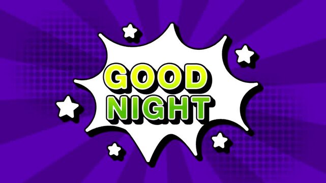 Good night text word lettering popup comic cartoon reveal with bomb and smoke explosion manga anime book page dots with radial speed lines doodle violet background with seamless loop animation retro