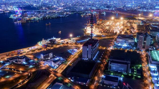 Osaka City Bay Area Night View Timelapse, High Angle Overview and Bay Area Scenery, Japan