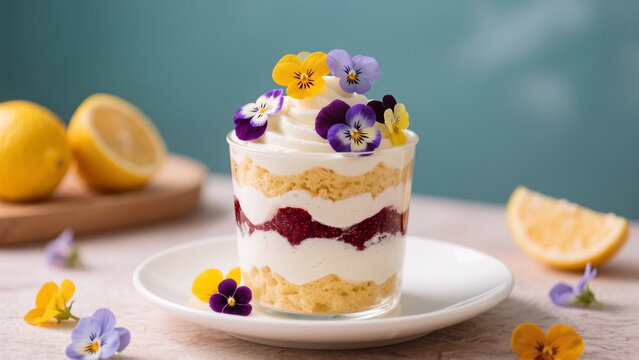 Elegant layered dessert in glass with sponge cake, white cream and berry jam layers, topped with edible flowers, soft teal background, refined gourmet sweets aesthetic