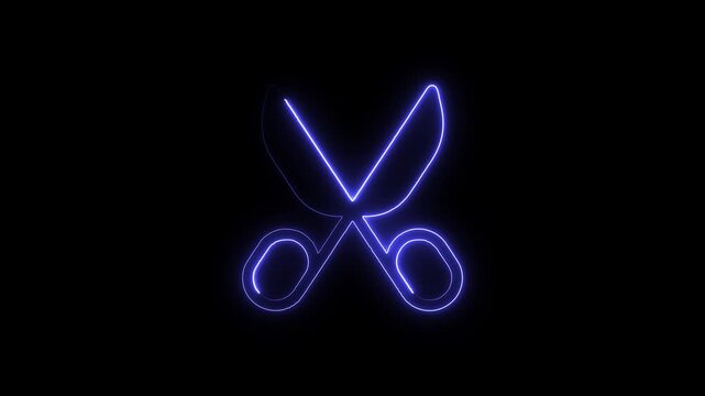 Neon blue scissors icon on black background glowing