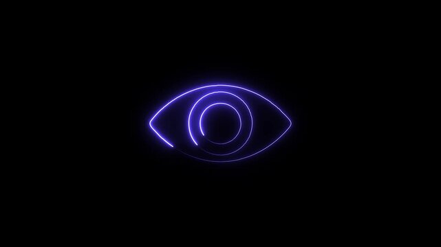 Neon blue eye icon with spiral pupil on black background