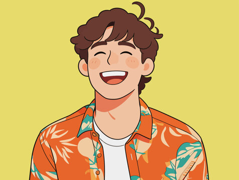 Cheerful young man laughing happily in tropical shirt
