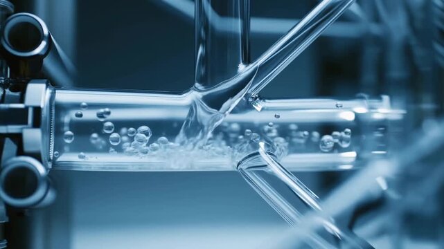 Slow motion close up of liquid pouring through glass tube apparatus forming rising bubbles inside laboratory bench research setup