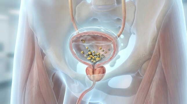Human urinary bladder with multiple kidney stones inside, medical 3D illustration showing anatomy of pelvis, ureter, and bladder with stones causing urinary tract issues