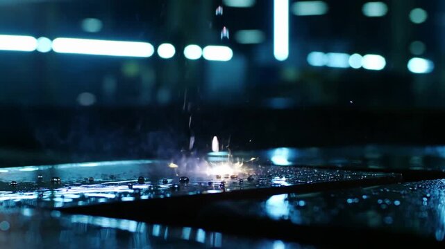 Slow motion close up tracking shot of sparks flying as metal is cut on wet industrial workbench in factory at night