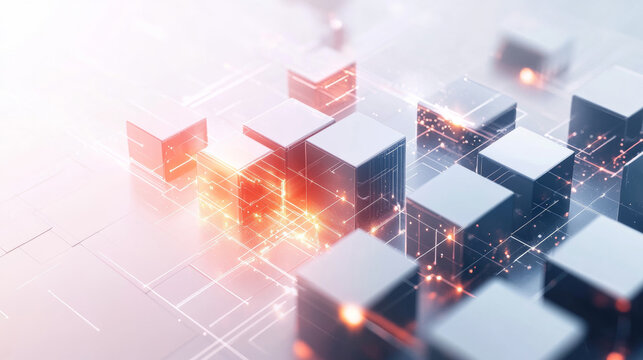 Abstract 3D high tech cubes and digital grid background with glowing light effects and sparks - Generative AI