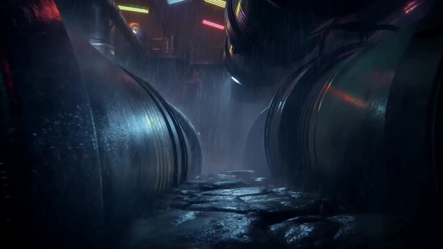 Tracking shot of large metal barrels rolling along wet cobblestone alley under neon lights in rainy industrial night scene