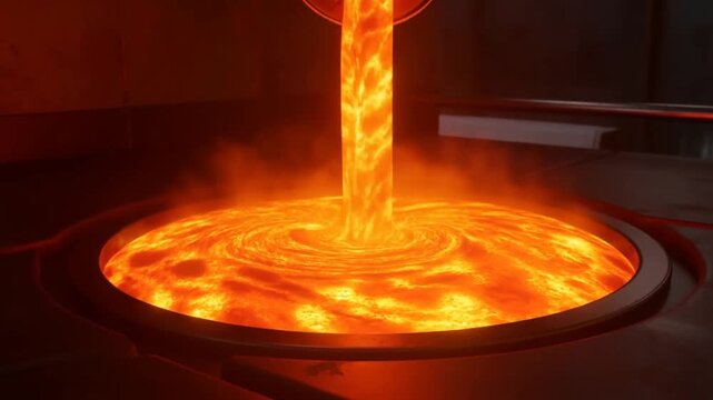 Slow motion close up of molten metal pouring and swirling into circular crucible in industrial foundry casting plant