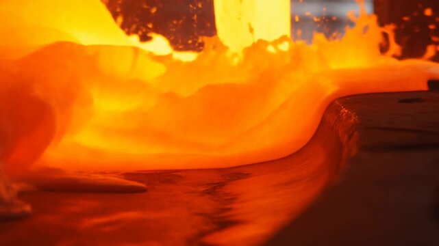 Slow motion close up tracking of molten metal pouring and flowing into cast mold in industrial foundry workshop furnace