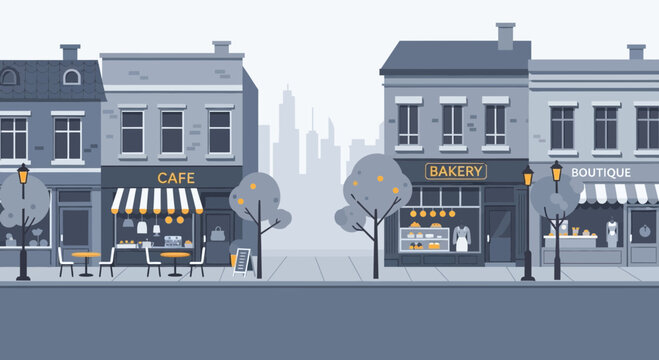 Charming street scene with cafe, bakery, and boutique shops in a city.