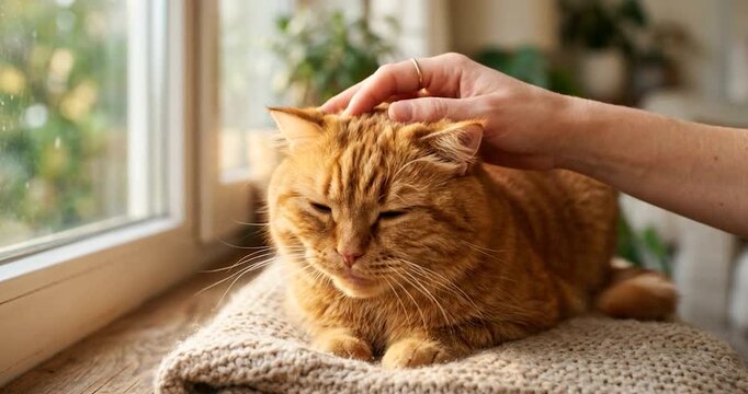 Calm orange tabby cat resting on cozy knitted blanket near window while hand gently pets its head, creating warm indoor atmosphere with relaxed pet enjoying peaceful resting moments