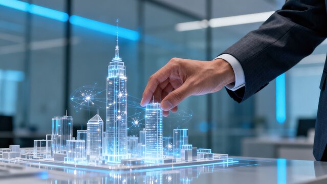 Businessman interacting with holographic city model